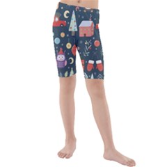 Vector Set Cute Christmas Elements Santa Penguin Deer Bear Fox Owl Trees Snowman Bird Angel More Kids  Mid Length Swim Shorts