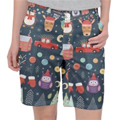 Vector Set Cute Christmas Elements Santa Penguin Deer Bear Fox Owl Trees Snowman Bird Angel More Women s Pocket Shorts