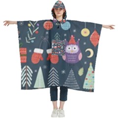 Vector Set Cute Christmas Elements Santa Penguin Deer Bear Fox Owl Trees Snowman Bird Angel More Women s Hooded Rain Ponchos