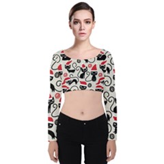 Cute Christmas Seamless Pattern Vector Velvet Long Sleeve Crop Top