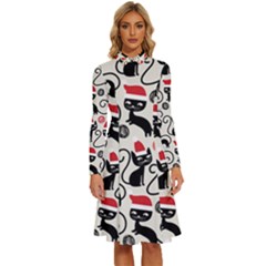 Cute Christmas Seamless Pattern Vector Long Sleeve Shirt Collar A-Line Dress