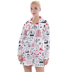 Christmas Themed Seamless Pattern Women s Long Sleeve Casual Dress