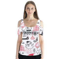 Christmas Themed Seamless Pattern Butterfly Sleeve Cutout Tee 