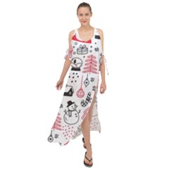 Christmas Themed Seamless Pattern Maxi Chiffon Cover Up Dress