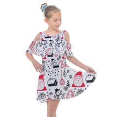 Christmas Themed Seamless Pattern Kids  Shoulder Cutout Chiffon Dress