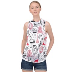 Christmas Themed Seamless Pattern High Neck Satin Top