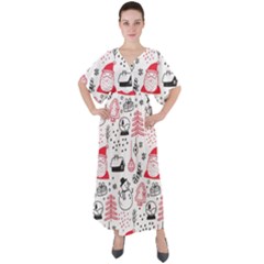 Christmas Themed Seamless Pattern V-Neck Boho Style Maxi Dress