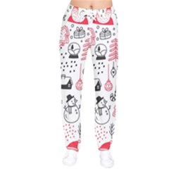 Christmas Themed Seamless Pattern Women Velvet Drawstring Pants