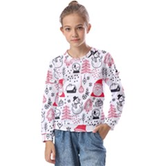 Christmas Themed Seamless Pattern Kids  Long Sleeve Tee with Frill 