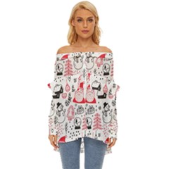 Christmas Themed Seamless Pattern Off Shoulder Chiffon Pocket Shirt