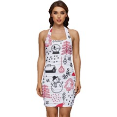 Christmas Themed Seamless Pattern Sleeveless Wide Square Neckline Ruched Bodycon Dress