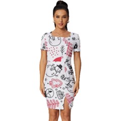 Christmas Themed Seamless Pattern Fitted Knot Split End Bodycon Dress