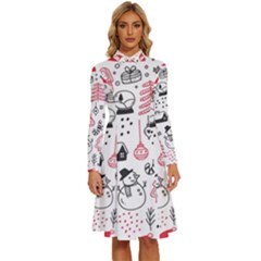 Christmas Themed Seamless Pattern Long Sleeve Shirt Collar A-Line Dress