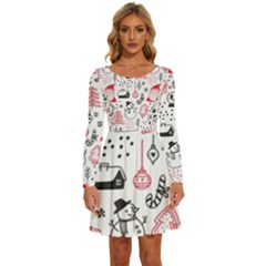 Christmas Themed Seamless Pattern Long Sleeve Wide Neck Velvet Dress