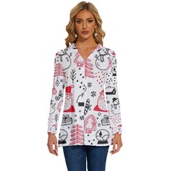 Christmas Themed Seamless Pattern Long Sleeve Drawstring Hooded Top