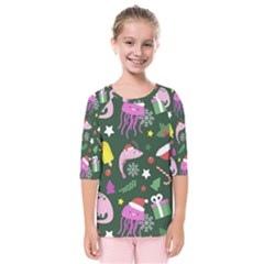 Colorful Funny Christmas Pattern Kids  Quarter Sleeve Raglan Tee