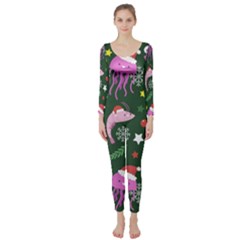 Colorful Funny Christmas Pattern Long Sleeve Catsuit