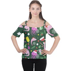 Colorful Funny Christmas Pattern Cutout Shoulder Tee