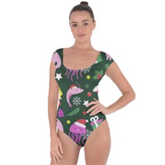 Colorful Funny Christmas Pattern Short Sleeve Leotard 