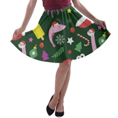 Colorful Funny Christmas Pattern A-line Skater Skirt