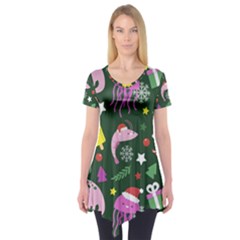 Colorful Funny Christmas Pattern Short Sleeve Tunic 