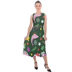 Colorful Funny Christmas Pattern Midi Tie-Back Chiffon Dress