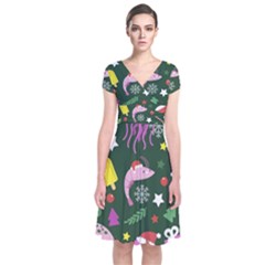 Colorful Funny Christmas Pattern Short Sleeve Front Wrap Dress