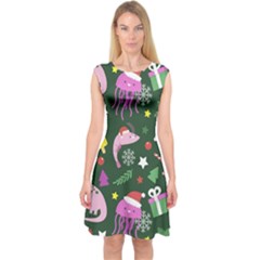 Colorful Funny Christmas Pattern Capsleeve Midi Dress