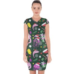 Colorful Funny Christmas Pattern Capsleeve Drawstring Dress 