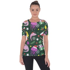 Colorful Funny Christmas Pattern Shoulder Cut Out Short Sleeve Top