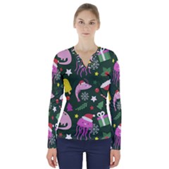 Colorful Funny Christmas Pattern V-Neck Long Sleeve Top