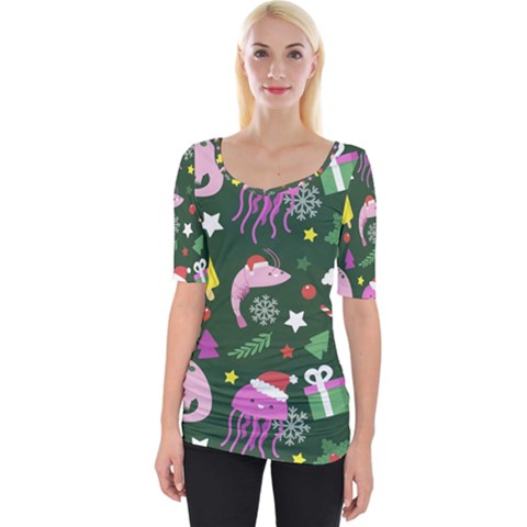 Colorful Funny Christmas Pattern Wide Neckline Tee by Semog4