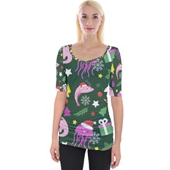 Colorful Funny Christmas Pattern Wide Neckline Tee