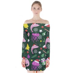 Colorful Funny Christmas Pattern Long Sleeve Off Shoulder Dress