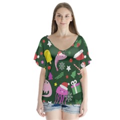 Colorful Funny Christmas Pattern V-Neck Flutter Sleeve Top