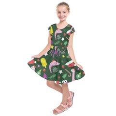 Colorful Funny Christmas Pattern Kids  Short Sleeve Dress