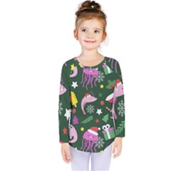 Colorful Funny Christmas Pattern Kids  Long Sleeve Tee