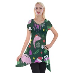 Colorful Funny Christmas Pattern Short Sleeve Side Drop Tunic