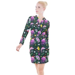 Colorful Funny Christmas Pattern Button Long Sleeve Dress