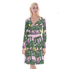 Colorful Funny Christmas Pattern Long Sleeve Velvet Front Wrap Dress