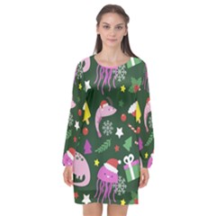 Colorful Funny Christmas Pattern Long Sleeve Chiffon Shift Dress 