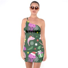 Colorful Funny Christmas Pattern One Shoulder Ring Trim Bodycon Dress