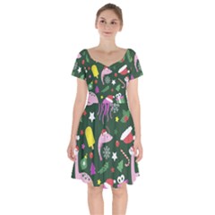 Colorful Funny Christmas Pattern Short Sleeve Bardot Dress