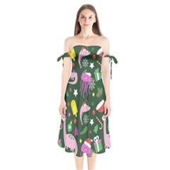 Colorful Funny Christmas Pattern Shoulder Tie Bardot Midi Dress