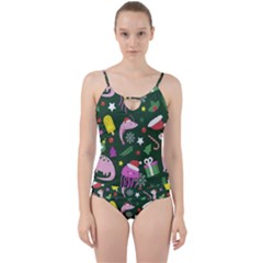 Colorful Funny Christmas Pattern Cut Out Top Tankini Set