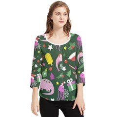 Colorful Funny Christmas Pattern Chiffon Quarter Sleeve Blouse