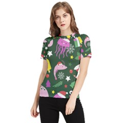 Colorful Funny Christmas Pattern Women s Short Sleeve Rash Guard