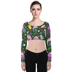 Colorful Funny Christmas Pattern Velvet Long Sleeve Crop Top by Semog4