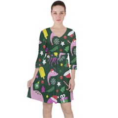 Colorful Funny Christmas Pattern Quarter Sleeve Ruffle Waist Dress