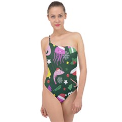 Colorful Funny Christmas Pattern Classic One Shoulder Swimsuit